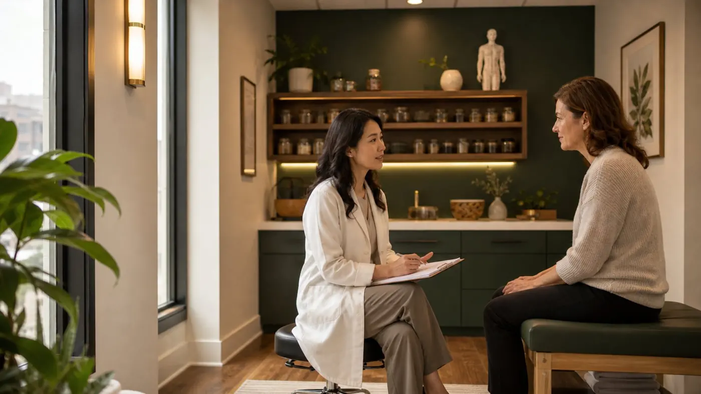 Practitioner providing hands-on manual therapy in a calm treatment room