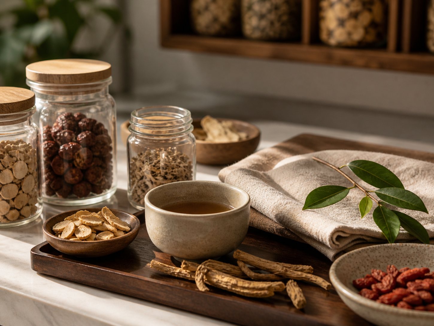 Traditional Chinese Medicine herbs, tea, and natural materials arranged in a modern clinical setting