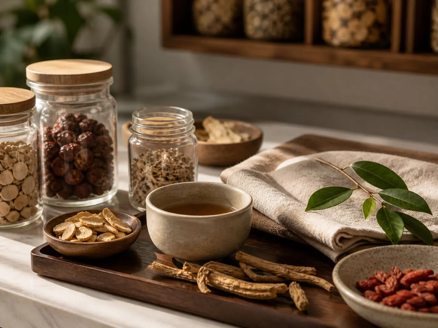 Traditional Chinese and East Asian Medicine herbs, tea, and natural materials arranged in a modern clinical setting