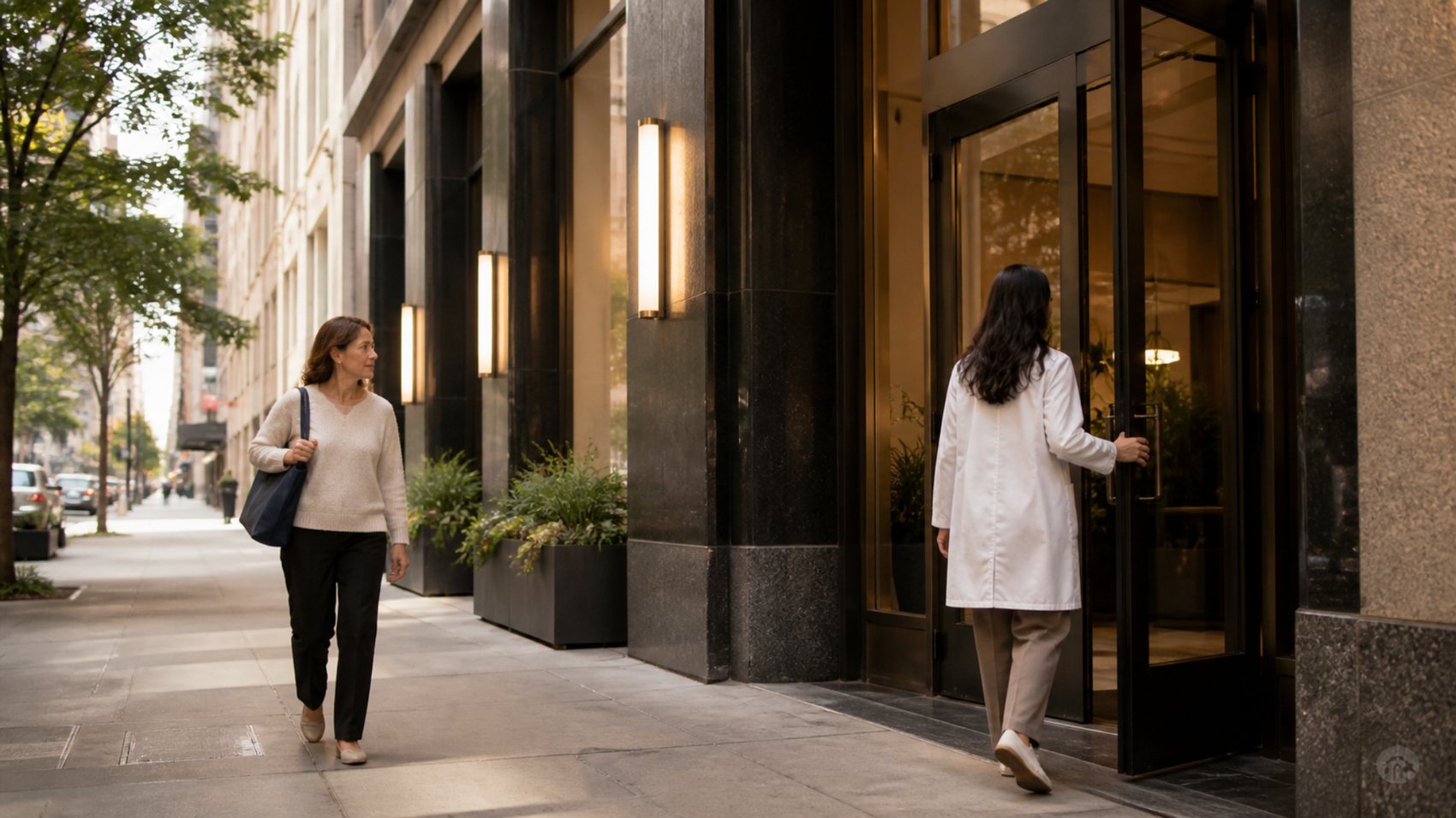 Modern downtown Chicago clinic entrance with patient approaching and clinician at the door