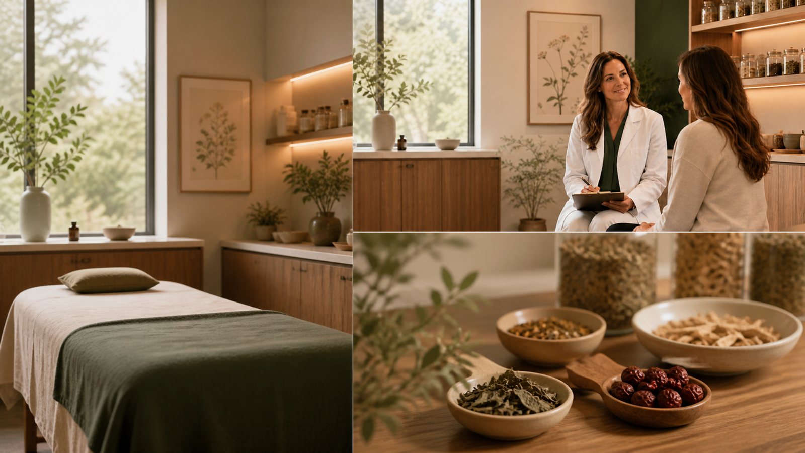 Collage of treatment room, consultation, and Traditional Chinese Medicine materials