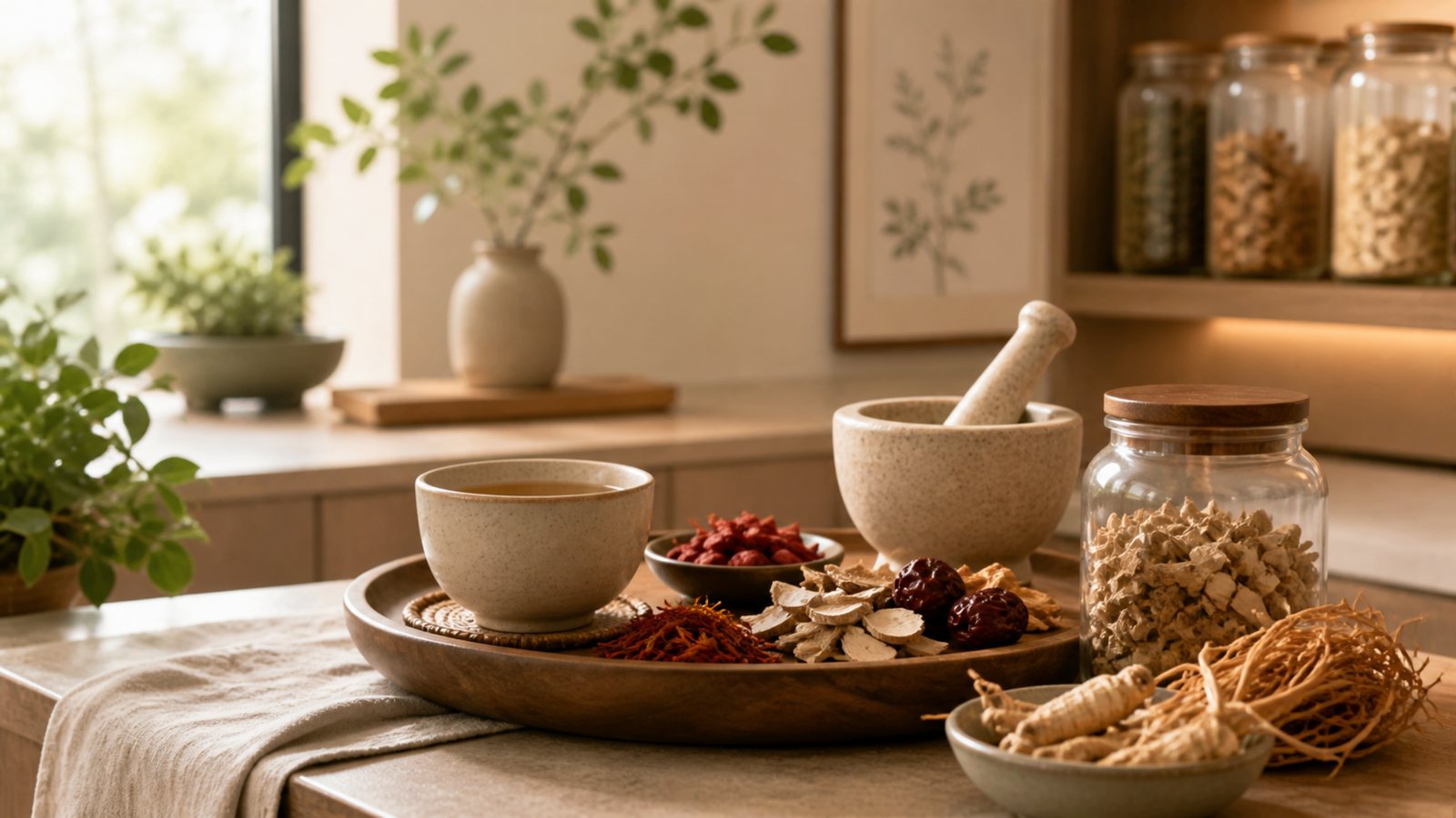 Traditional Chinese Medicine herbs and tea arranged in a modern clinic setting