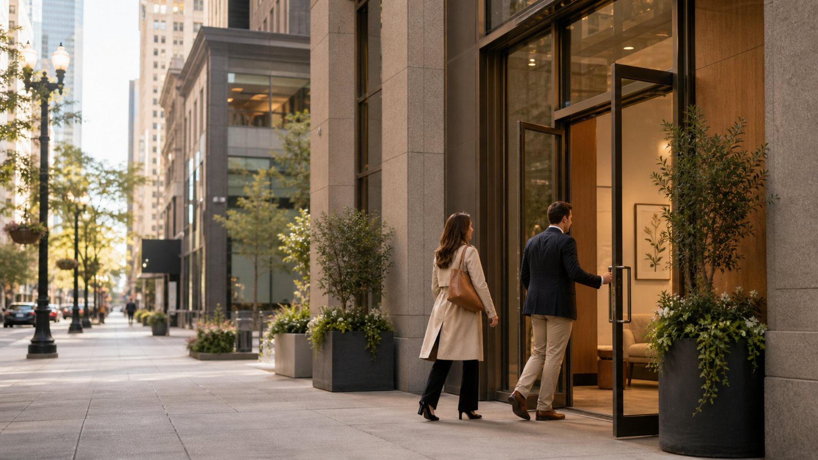 Modern Chicago Loop clinic entrance and downtown arrival experience