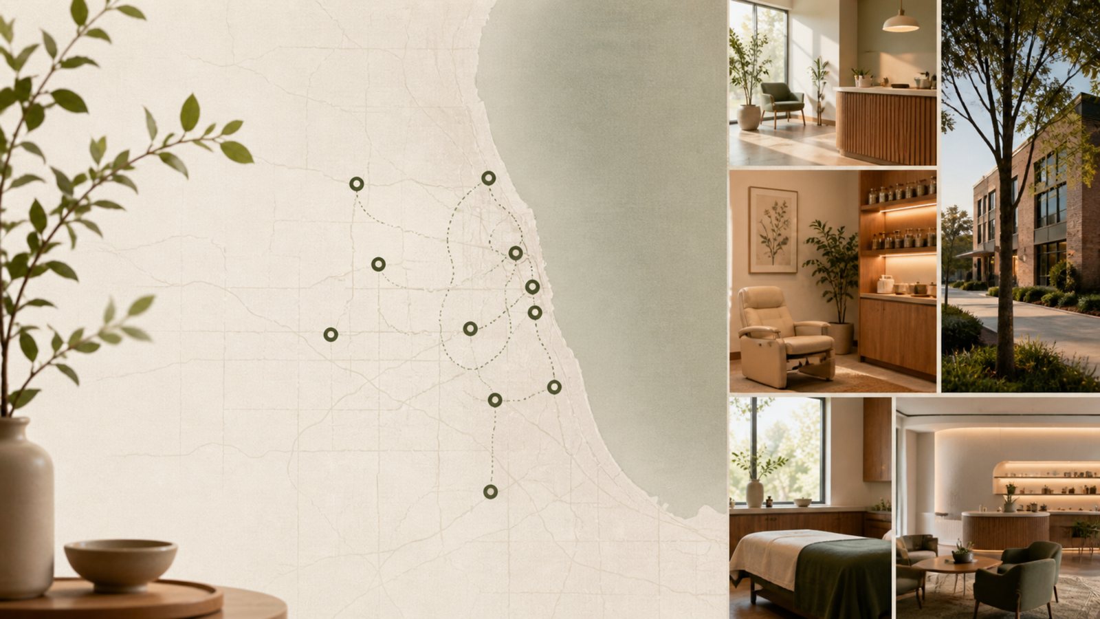 Chicago area expansion map with warm clinic imagery and future location markers