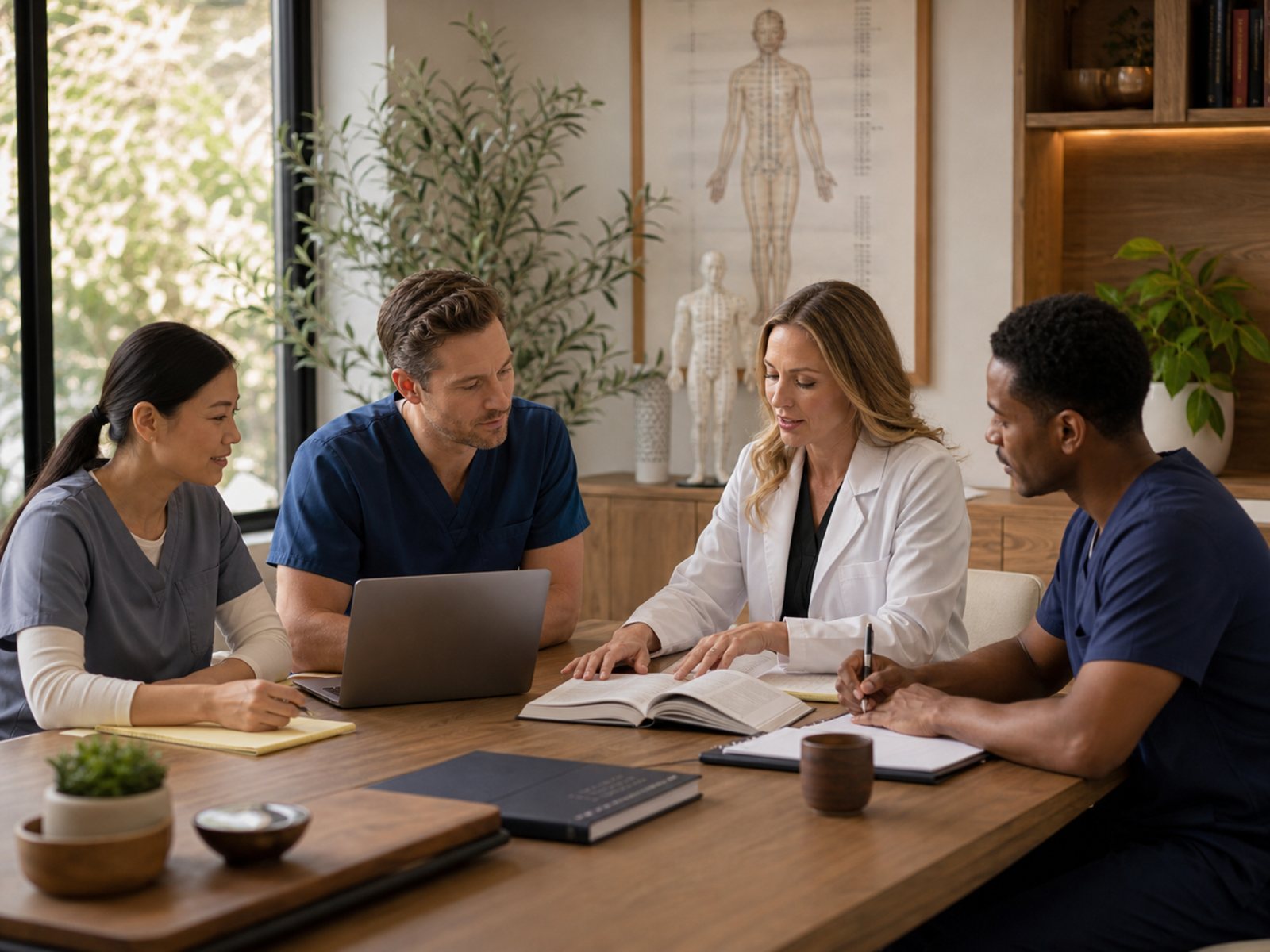 Clinical practitioners reviewing education and documentation in a collaborative setting