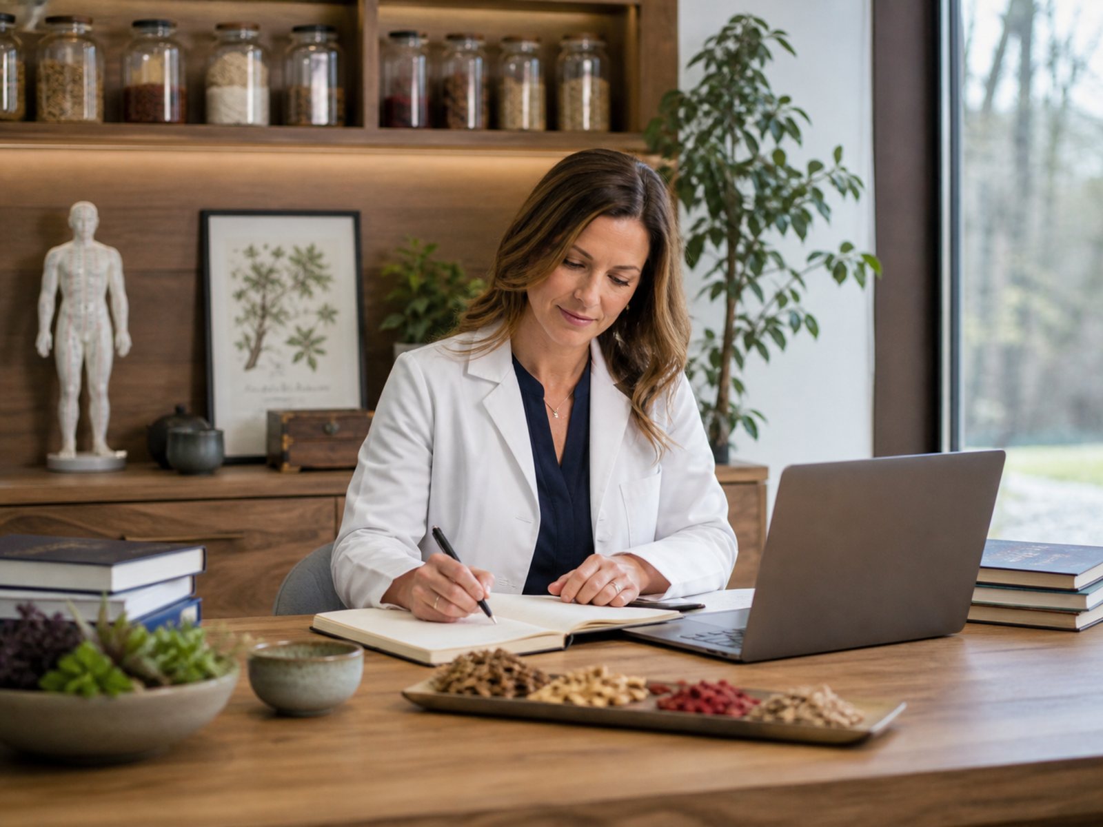 Clinician writing at a laptop with Traditional Chinese Medicine reference materials
