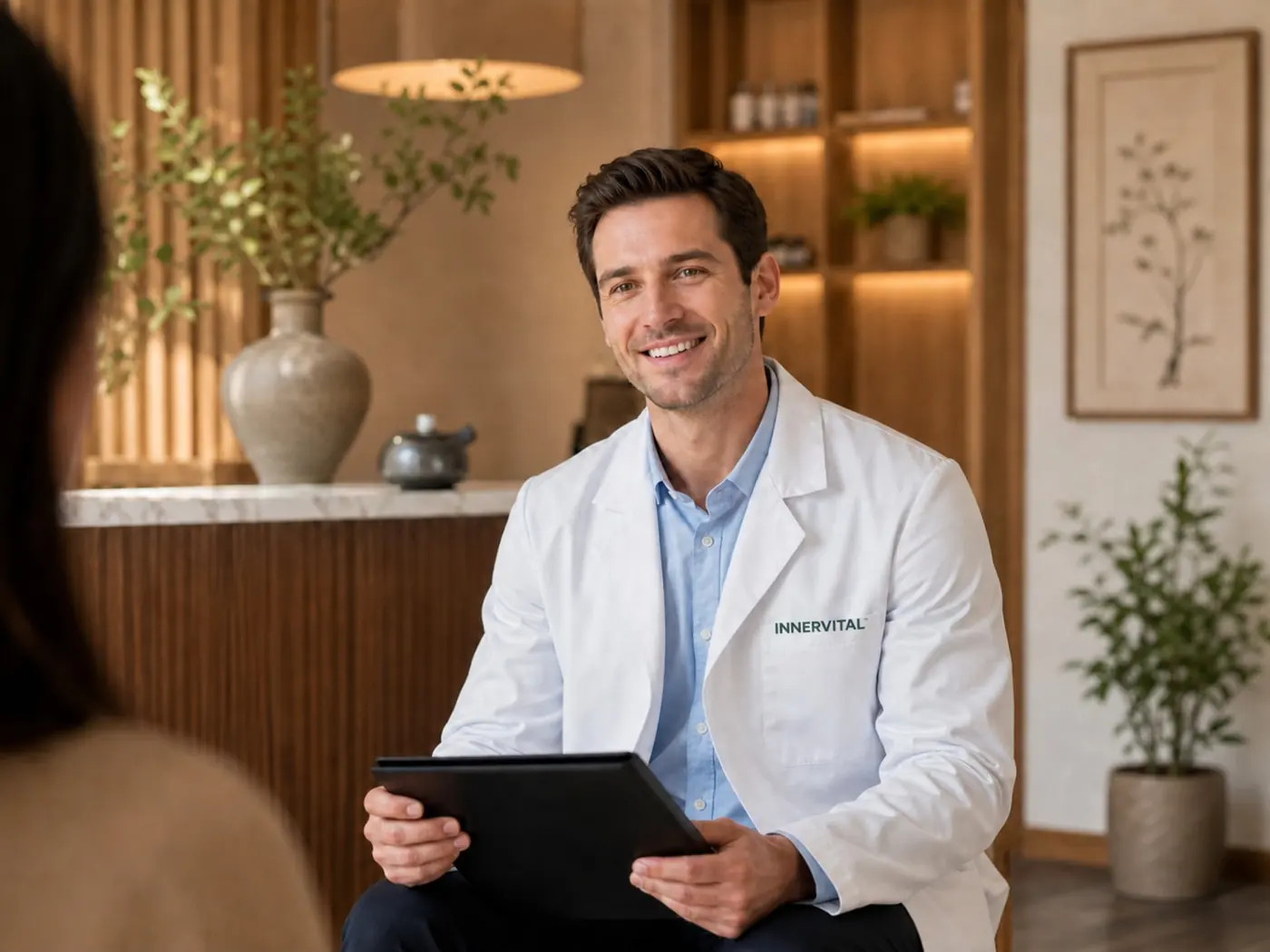 Doctor of Osteopathic Medicine speaking with a patient in a calm consultation room